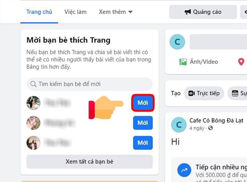 Tại mục Mời bạn bè thích Trang, tìm bạn bè bạn muốn mời thích Trang > Chọn Mời.