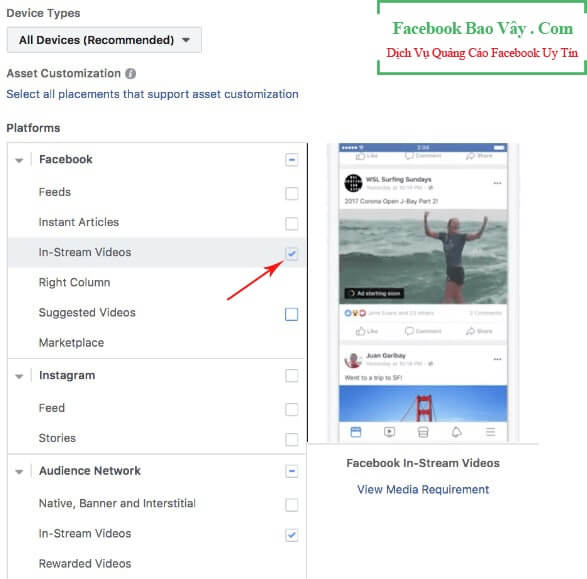 chọn vị trí quảng cáo livestream facebook