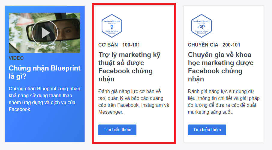 Nhấp vào chứng nhận trợ lý marketing kỹ thuật số của Facebook